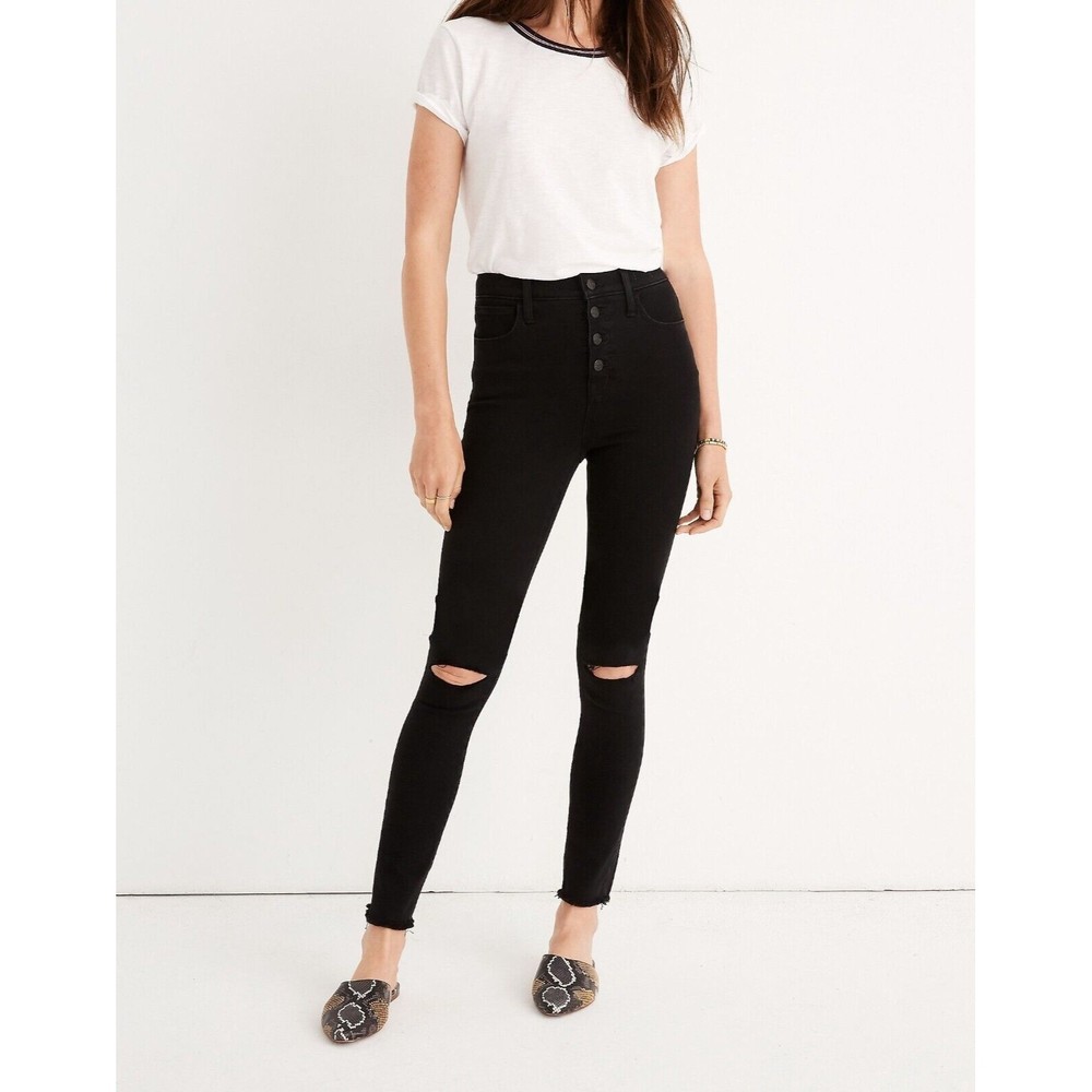 Madewell 10" High Rise Button Front Black Distressed Jeggings Women Size 27 Tall
